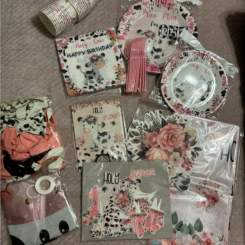 Cow Themed 1st Birthday Party Supplies Set - Pink and Black